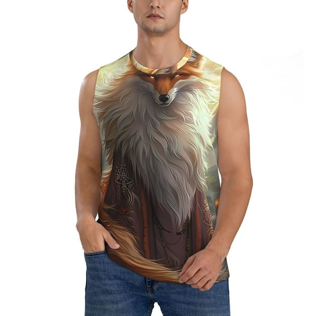 Fotbe Mystic Fox With Halo Men's Camiseta sin Mangas Estampada para Hombres, Playera Casual para Gimnasio, Entrenamiento, Playa-Large