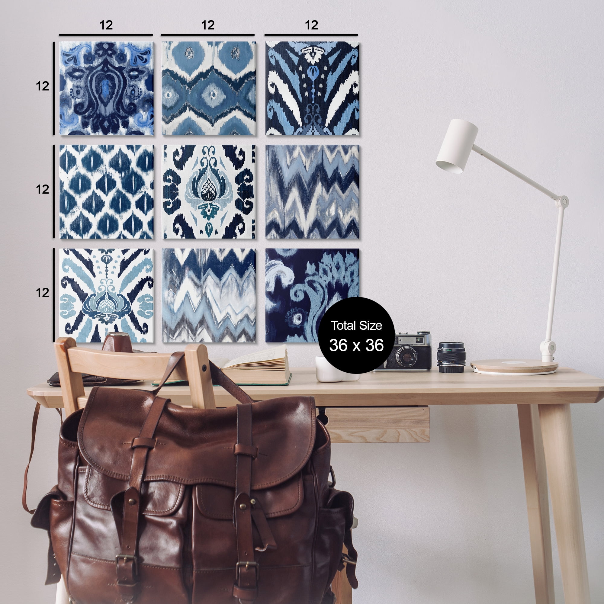 Stupell Industries Blue Boho Patterns Abstract Painting Wrapped Canvas Art Print Wall Art, 12 x 12, Set of 9