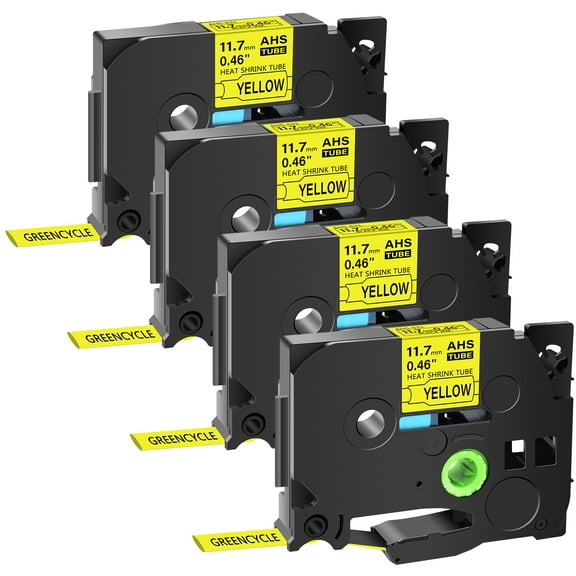 GREENCYCLE 4PK Compatible for Brother P-touch HSE-631 HS-631 HSe631 HS631 11.7mm 0.46" Black on Yellow Heat-shrink Label Tape