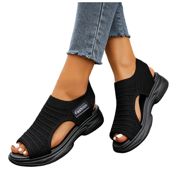 Rokment Orthopedic Walking Sandals for Women Comfort Lightweight Mesh Slip on Flat Athletic Open Toe Memory Foam Platform Wedge Low Heel Ortho Summer Shoes for Beach Travel Black Size 6.5