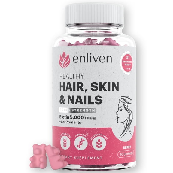 Enliven Biotin Hair Skin and Nail Supplements | Biotin Gummies Vitamins | Berry Flavor (60 Gummies)