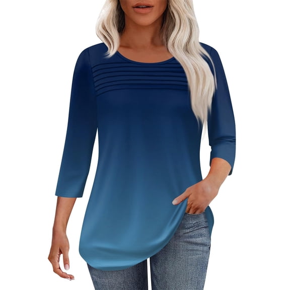 Bovemsi Womens 3/4 Length Sleeve Tops Casual Summer Pleated Front T Shirts Round Neck Business Work Tunic Blouses, Blue Summer Women's Long Sleeve T-Shirts, L