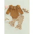 thumbnail image 3 of Baby Girls Clothes Sets 3pcs Ruffles Long Sleeve Solid Romper+Checkerboard Plaid Bell-Bottomed Pants, 3 of 9