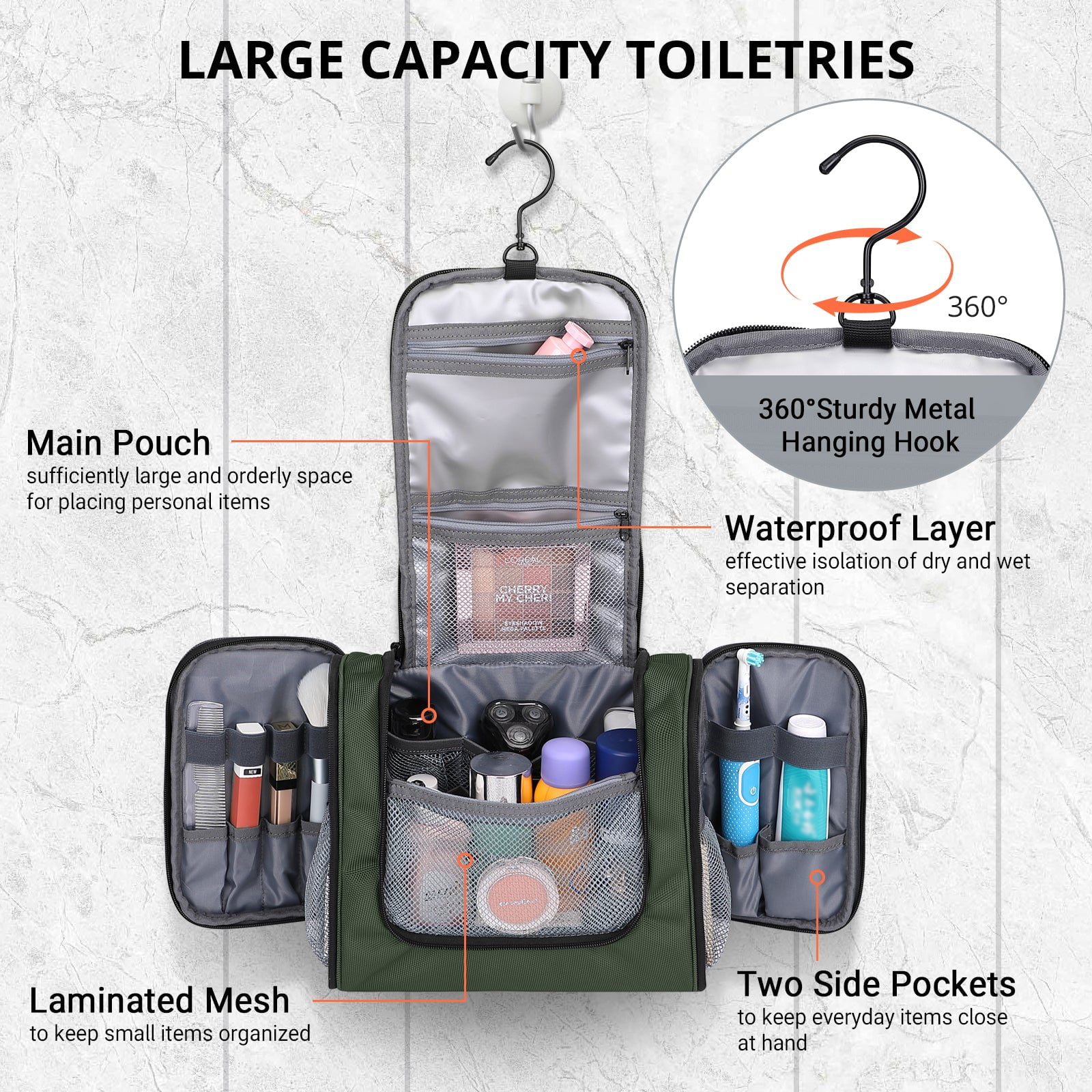 WITZMAN Toiletry Bag for Men Large Hanging Multi-Organization Bathroom Bag Water-Resistant Dopp Kit Shaving Bag Men(B690 Army Green)