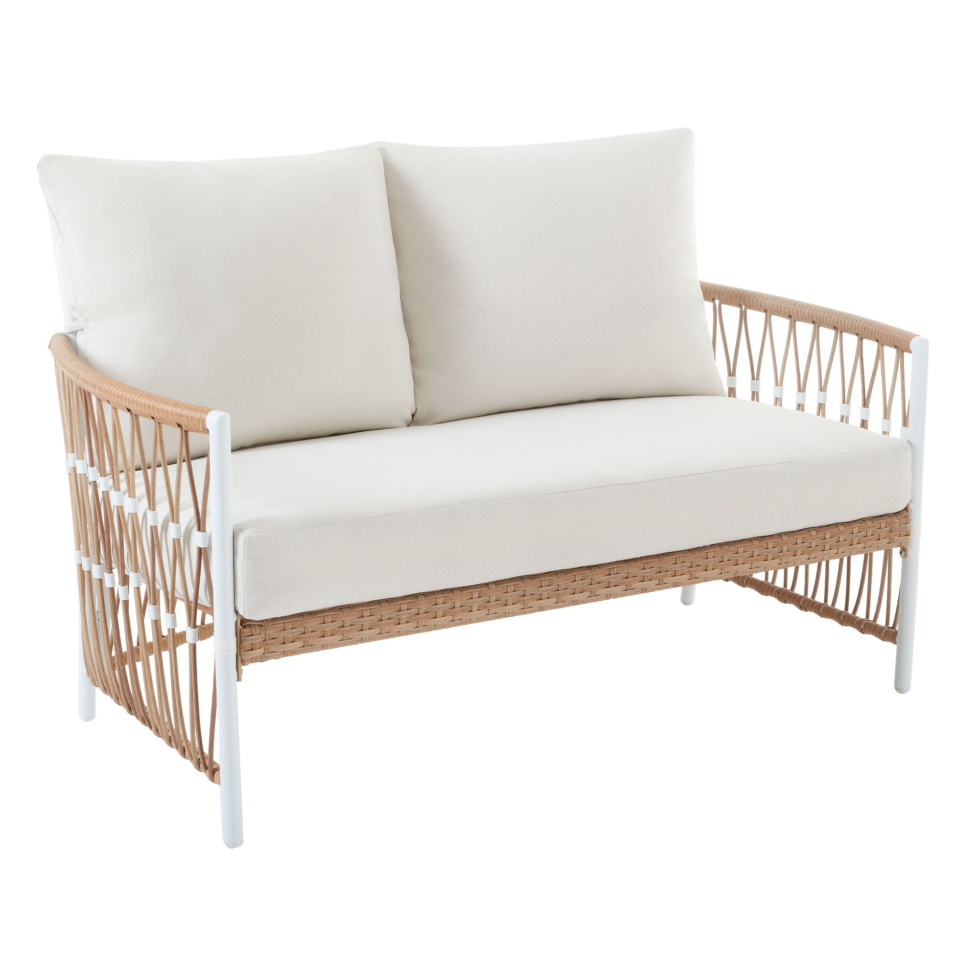 Better Homes & Gardens Lilah Outdoor Wicker Loveseat with White Cushions