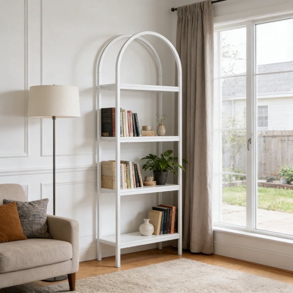 Fnova 71" Tall Bookshelf 4-Tier Arched Bookcase, Industrial Book Shelves with Metal Frame for Living Room, Office, Bedroom