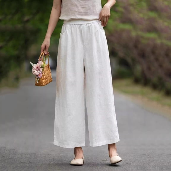 Mifsaly Wide Leg Summer Pants for Women High Waisted Palazzo Trousers with Pockets Lightweight Loose Relaxed Fit Casual Work Beach Wear Clothes White,XL