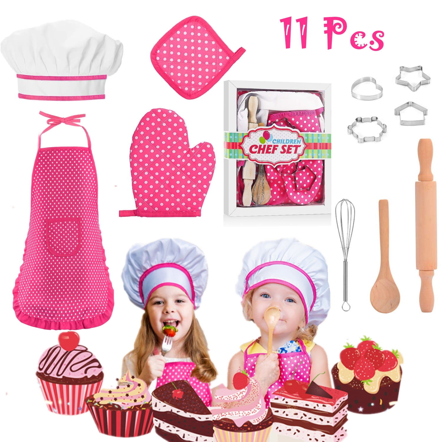 11 Piece Kids Chef Baking Cooking Kit Complete Set Apron Hat Utencils Pink 