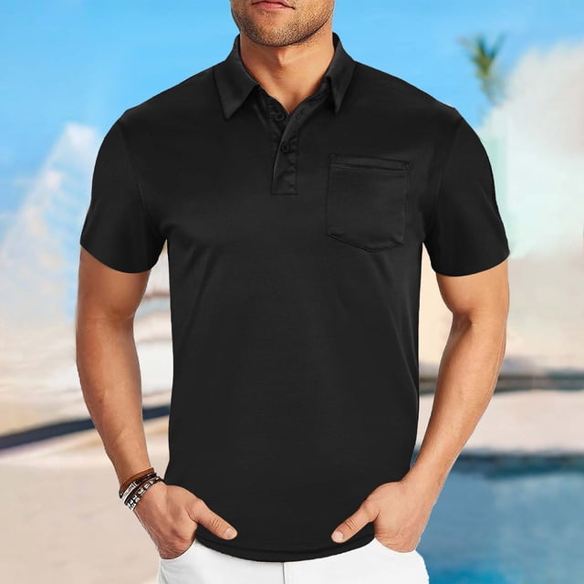Styesk T Shirts for Man Men Solid Color Breathable Motion Pocket Button Short Sleeve Turndown Collar Blouse