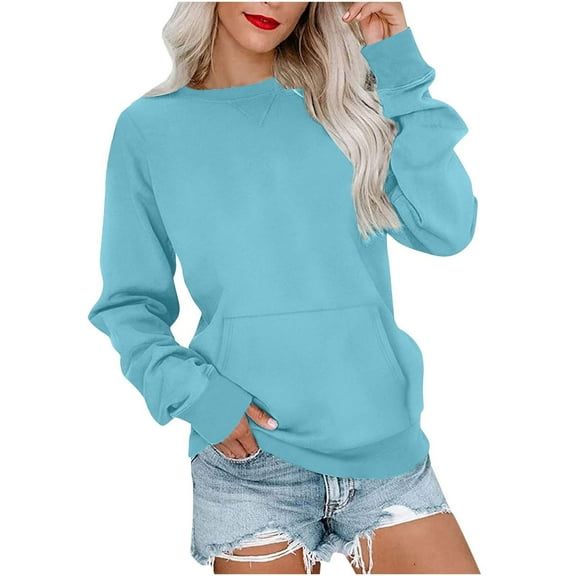 Fall Fashion Must Haves Long Sleeve Tops for Women Solid Color Blouses Crew Neck Pullover Shirt Thin Sweatshirts Lightweight with Pocket My Items