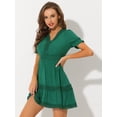 thumbnail image 3 of Mini vestido sólido de manga corta con cuello en V y cintura elástica para mujer lago verde S, 3 of 5