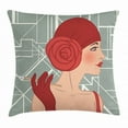 thumbnail image 1 of Old Hollywood Throw Pillow Cushion Cover, Lady Figure with Bandana and Rose on Geometric Pattern Background, Decorative Square Accent Pillow Case, 24 X 24 Inches, Ruby Grey and White, by Ambesonne, 1 of 2