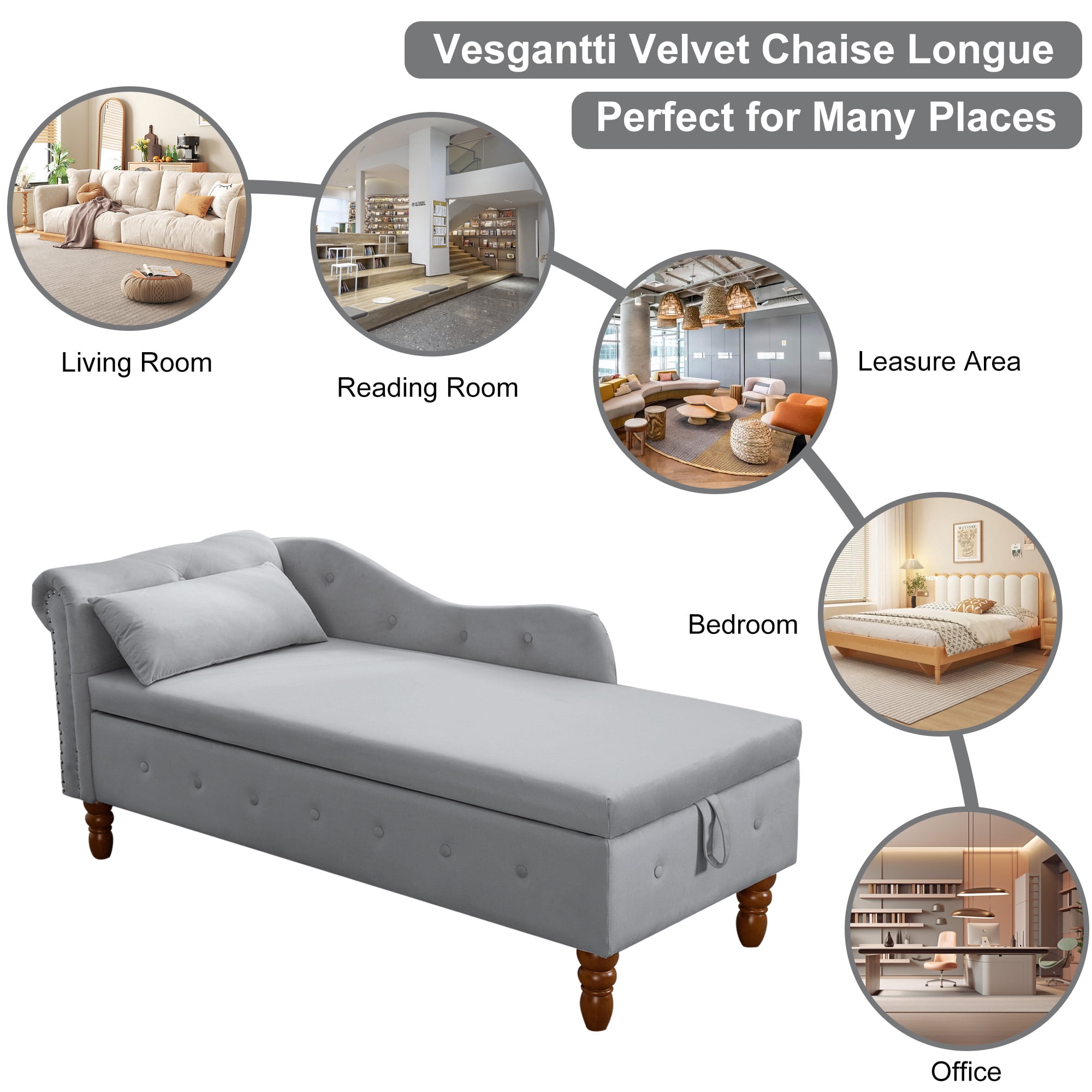 Aukfa Storage Chaise Lounge Chair Indoor Recliner Lounge Chair for Living Room Bedroom,Pillow - Gray