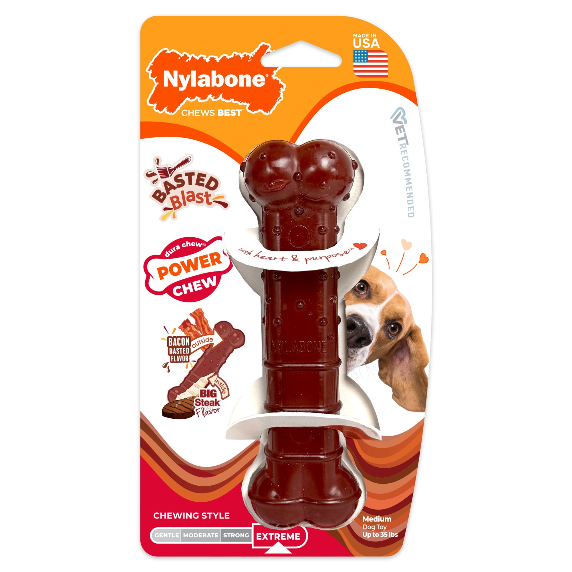Nylabone Power Chew Textured Bone Dog Toy, Dog Chew Toy, Bacon & Steak Flavor, Medium, 1 Count