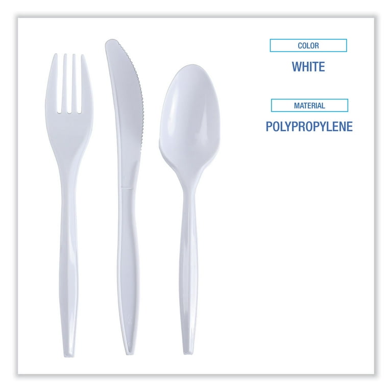 Three-Piece Cutlery Kit, Fork/Knife/Teaspoon, Polypropylene, White, 250/Carton Three-Piece Cutlery Kit, Fork/Knife/Teaspoon, Polypropylene, White, 250/Carton