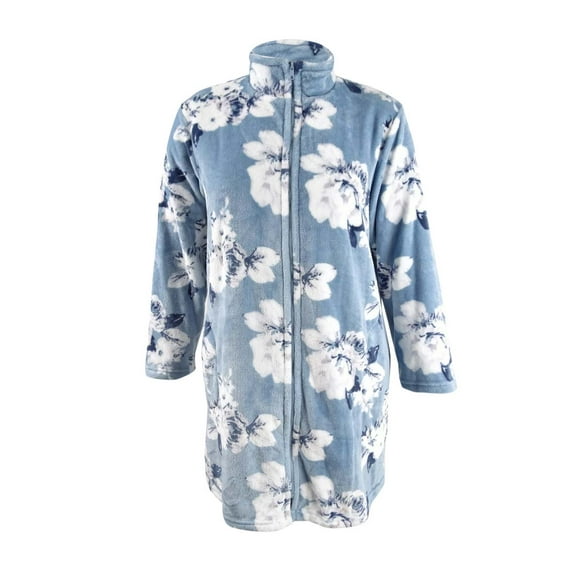 Miss Elaine Women's Fleece Floral-Print Zipper Short Robe