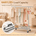 thumbnail image 6 of 660 lbs Heavy Duty Clothes Rack with Wheels and Adjustable Double Rods Stainless-Steel Garment Rack with Shelf and Adjustable Height Clothes Drying Rack, 63"L×78"H×16.54"W, 6 of 12