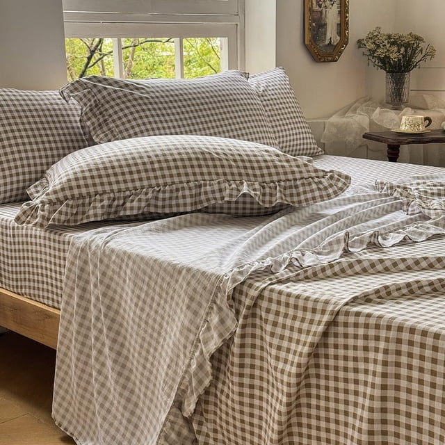 Juego de sábanas NSNLGSGC Tan Gingham Ruffle Queen, microfibra color topo