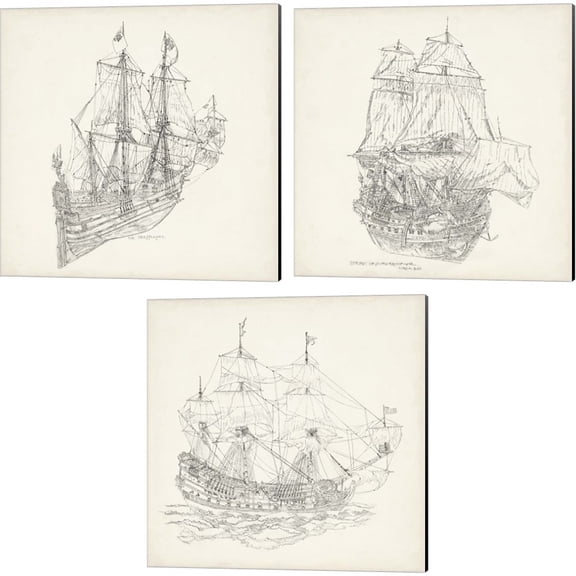 Great Art Now Antique Ship Sketch by Richard 3 Piece Canvas Art Set Each 14W x 14H