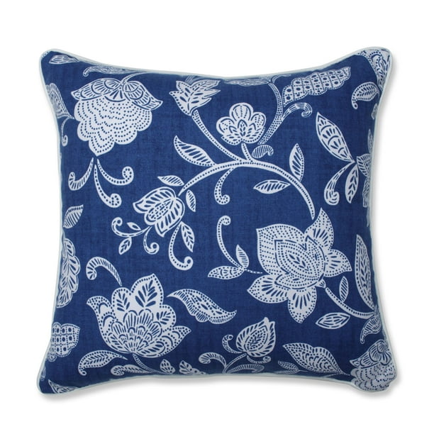 18" Navy Blue and White Floral Square Throw Pillow