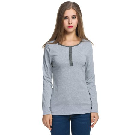 Women's Casual O-Neck Long Sleeve Button Front Slim Fit T-Shirt Tops