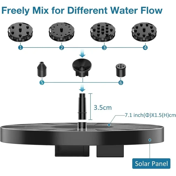 PURELY- Solar Power Bird Bath Fountain Pump Upgrade 3.5W Solar Fountain With 6 Nozzles Z