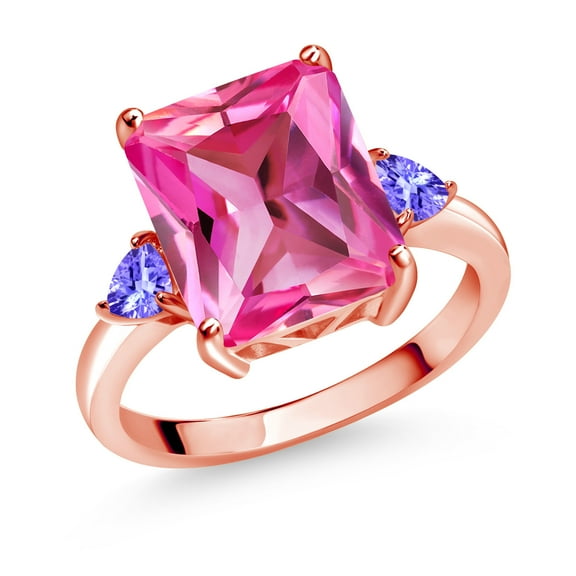 Gem Stone King 6.94 Ct Pink Created Sapphire Blue Tanzanite 18K Rose Gold Plated Silver 3-Stone Women Engagement Ring (Size 5)