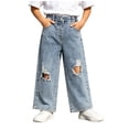 thumbnail image 2 of WQNVRNR Girls Wide Leg Jeans Casual Elastic Waist Fall Winter Distressed Ripped Kids Denim Blue 4 Years, 2 of 9
