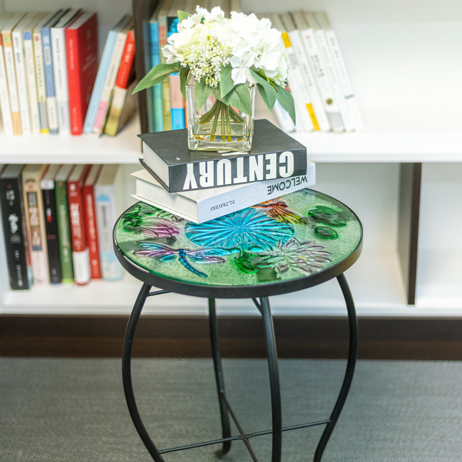Wonder Garden Outdoor Side Table for Garden, Indoor Small Accent Coffee Table Plant Stand Round Glass Table for Balcony, Lawn, Patio, Dragonfly