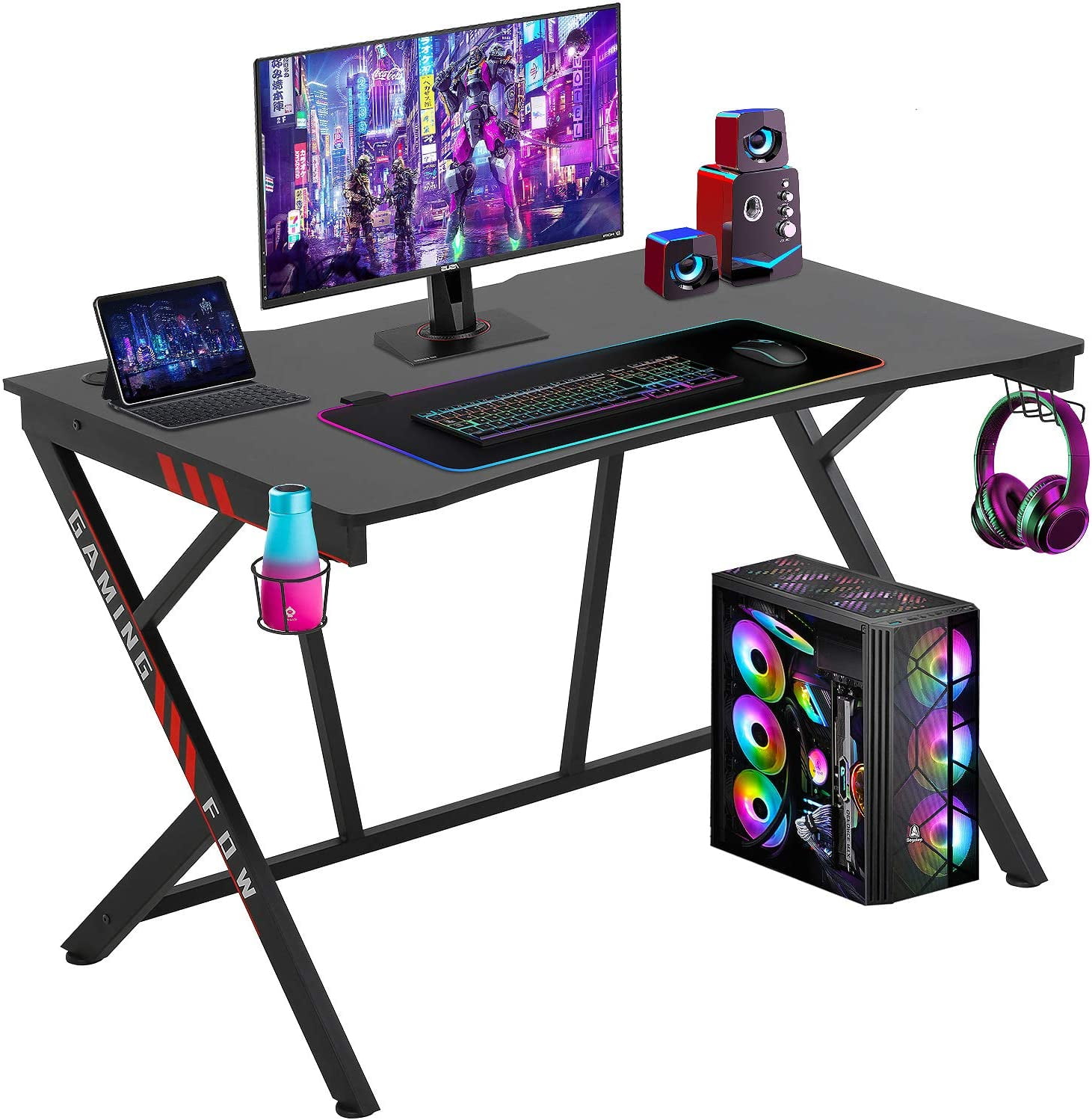 Black GTRACING Gaming Desk Computer Office PC Gamer Table Racing Style Professional Game Station Z-Shaped with Gaming Controller Tablet Stand & Cup Holder 