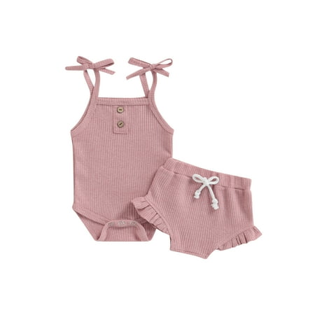 

Calsunbaby Toddler Baby Girls Clothes Solid Color Suspender Romper Tie-up Shorts 2pcs Summer Outfits Set Skin Pink 0-6 Months