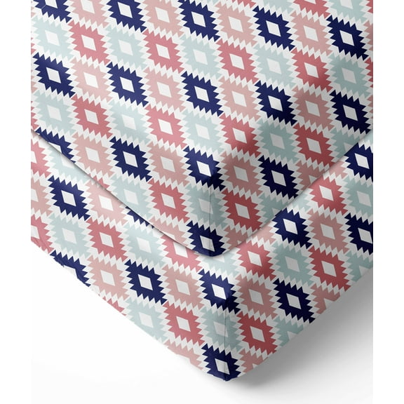 Bacati Coral, Mint & Navy Emma Aztec Kilim Crib Fitted Sheets 2 ct Package