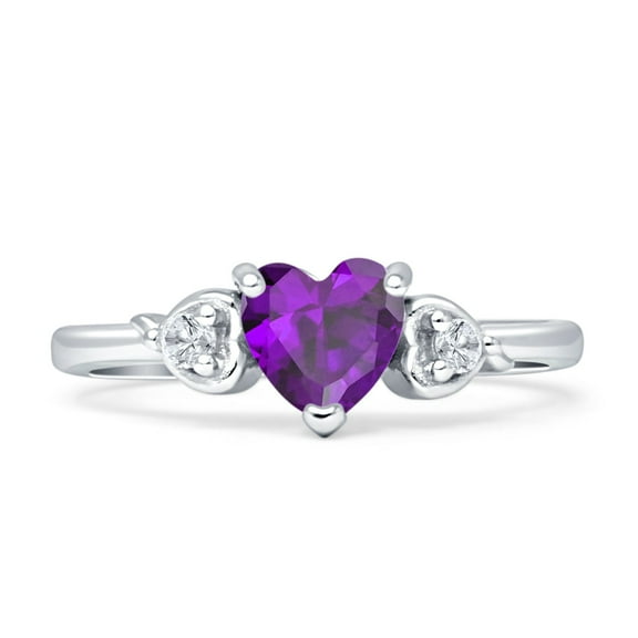 Three Stone Heart Promise Ring Amethyst Cubic Zirconia White Tone 925 Sterling Silver, Size 5