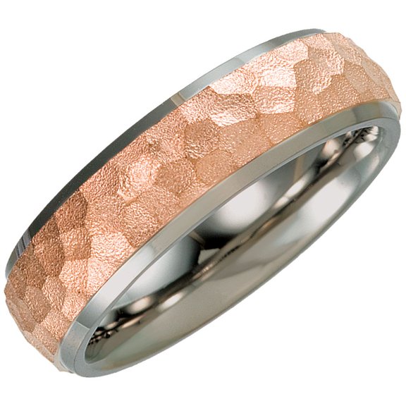 Jewels By Lux Titanium & Rose Immerse Plated 7mm Hammered Finish Beveled Edge Wedding Ring Band Size 11