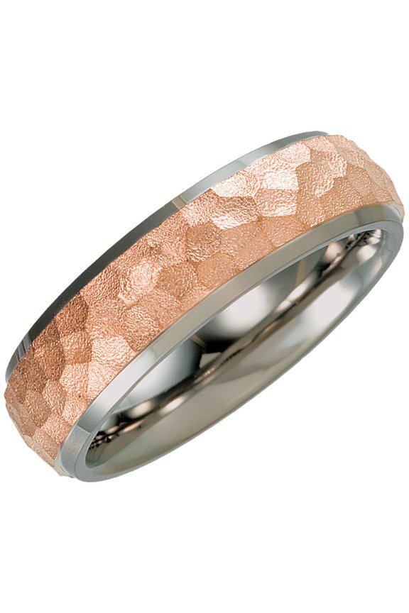Titanium & Rose Immerse Plated 7mm Hammered Finish Beveled Edge Wedding Ring Band Size 11.5