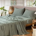thumbnail image 2 of MooMee Gingham Sheet Set 100% Washed Cotton Linen Like Textured Extra Deep Pocket Breathable Lightweight 4-Piece (Forest Green, Queen), 2 of 7