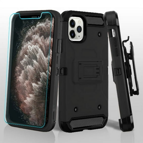 Apple iPhone 11 PRO MAX Phone Case Tuff Hybrid Kinetic Armor Rugged TPU Dual Layer Hard Protective Cover Swivel Belt Clip Holster   Tempered Glass BLACK Case Cover for Apple iPhone 11 Pro Max