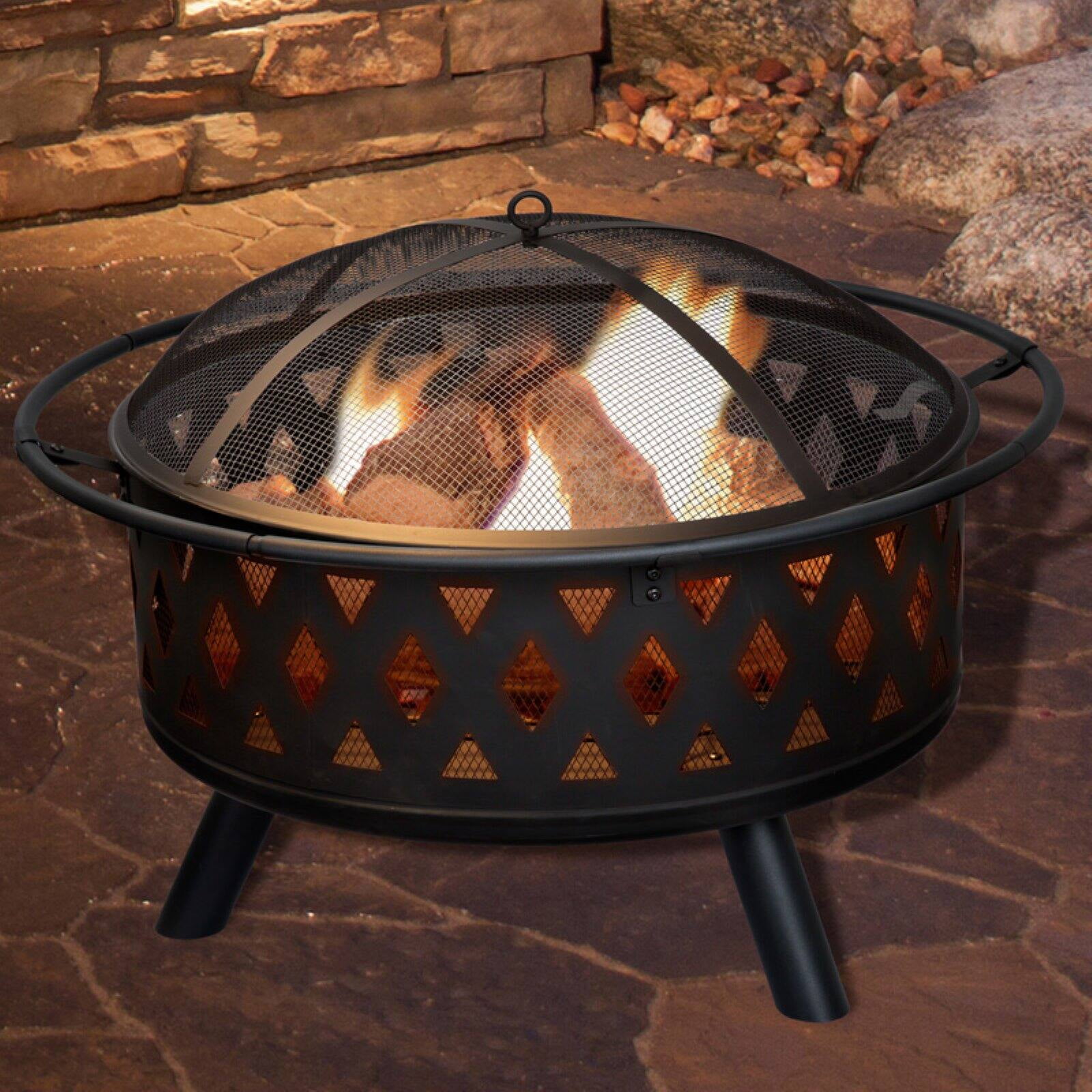 Details about   32 Inch Round Crossweave Fire Pit with Cover Poker and Screen Backyard Lawn 