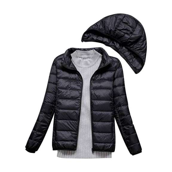 Lisingtool Winter Coats for Women's Winter Thin and Light Down Coat Casual Down Coat Slim Quilted Jacket With Detachable Hat Womens Coats Black