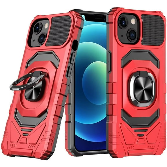 Case for iPhone 14,Military-Grade Metal Ring Car Holder [Built-in Kickstand] Heavy Duty Shockproof Protection TPU PC Phone Case for iPhone 14,6.1 Inch 2022 (Red)