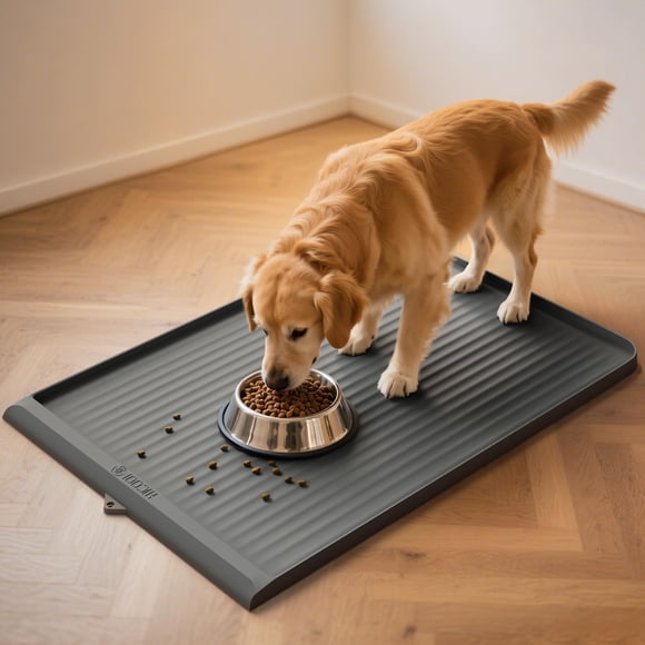 Alfombrilla Hicooi para comida para perros, impermeable, 90 x 60 cm, con bordes elevados, color gris