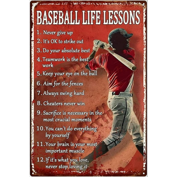 Retro Baseball Tin Sign Vintage Baseball Decor For Boys Room Baseball Life Lessons Metal Signs for Vintage Bar Pub Kitchen Diningroom Funny Retro Sign Man Cave Signs 8x12 Inch