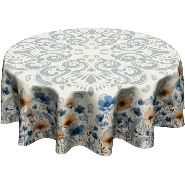 Boho Floral Tablecloth Round 60 Inch Wild Flower Circular Table Cover Washable Wipeable Tabletop for Dining Kitchen Picnic Party Decor