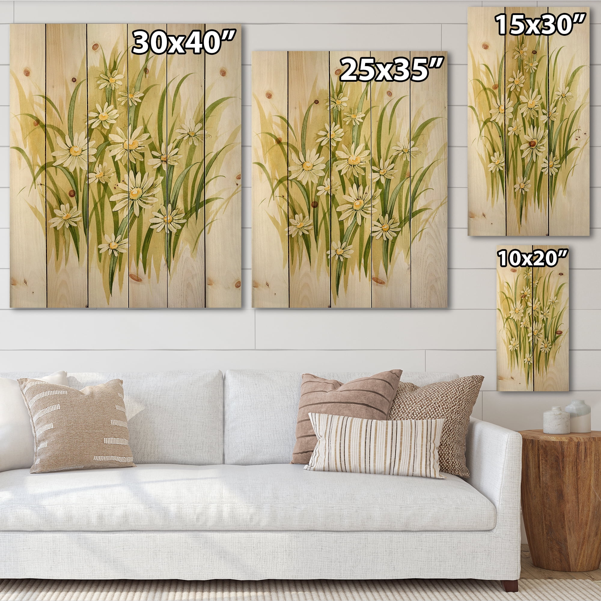 Designart 'Abstract White Meadow Flowers' Traditional Print on Natural Pine Wood