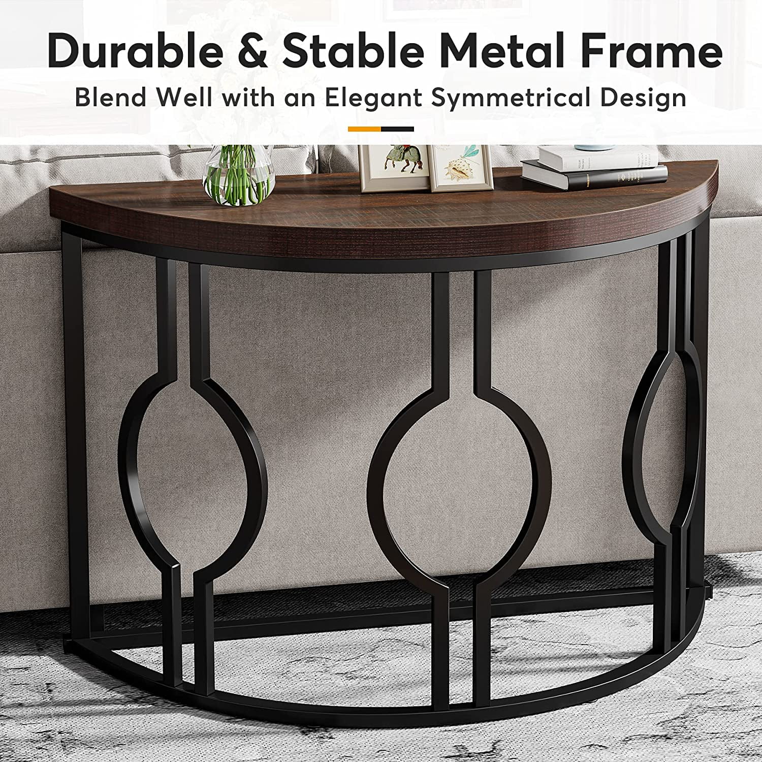 Tribesigns Half Moon Console Table for Entryway, 43 Inch Industrial Semi Circle Sofa Table with Geometric Base, French Country Wood Accent Table for Living Room, Hallway, Foyer, Entrance, Rustic Brown