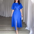 thumbnail image 1 of Women's Casual Solid Color Round Neck Short Sleeve Dress Lightweight Comfortable Polyester Loose Fit Midi Dress for Daily Work Outdoor Spring, 1 of 8