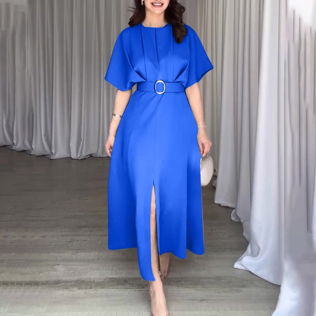 Women's Casual Solid Color Round Neck Short Sleeve Dress Lightweight Comfortable Polyester Loose Fit Midi Dress for Daily Work Outdoor Spring