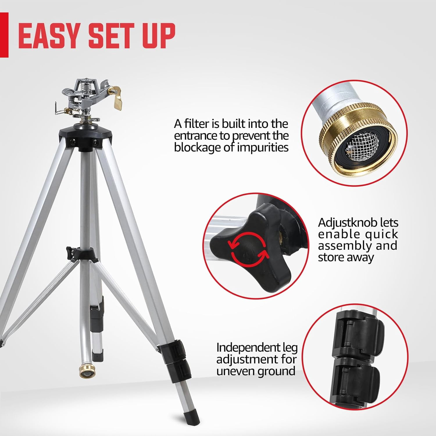 YAMATIC Impact Sprinkler on Tripod, 360° Adjustable Zinc Head, 20-90ft for Lawn & Yard Irrigation