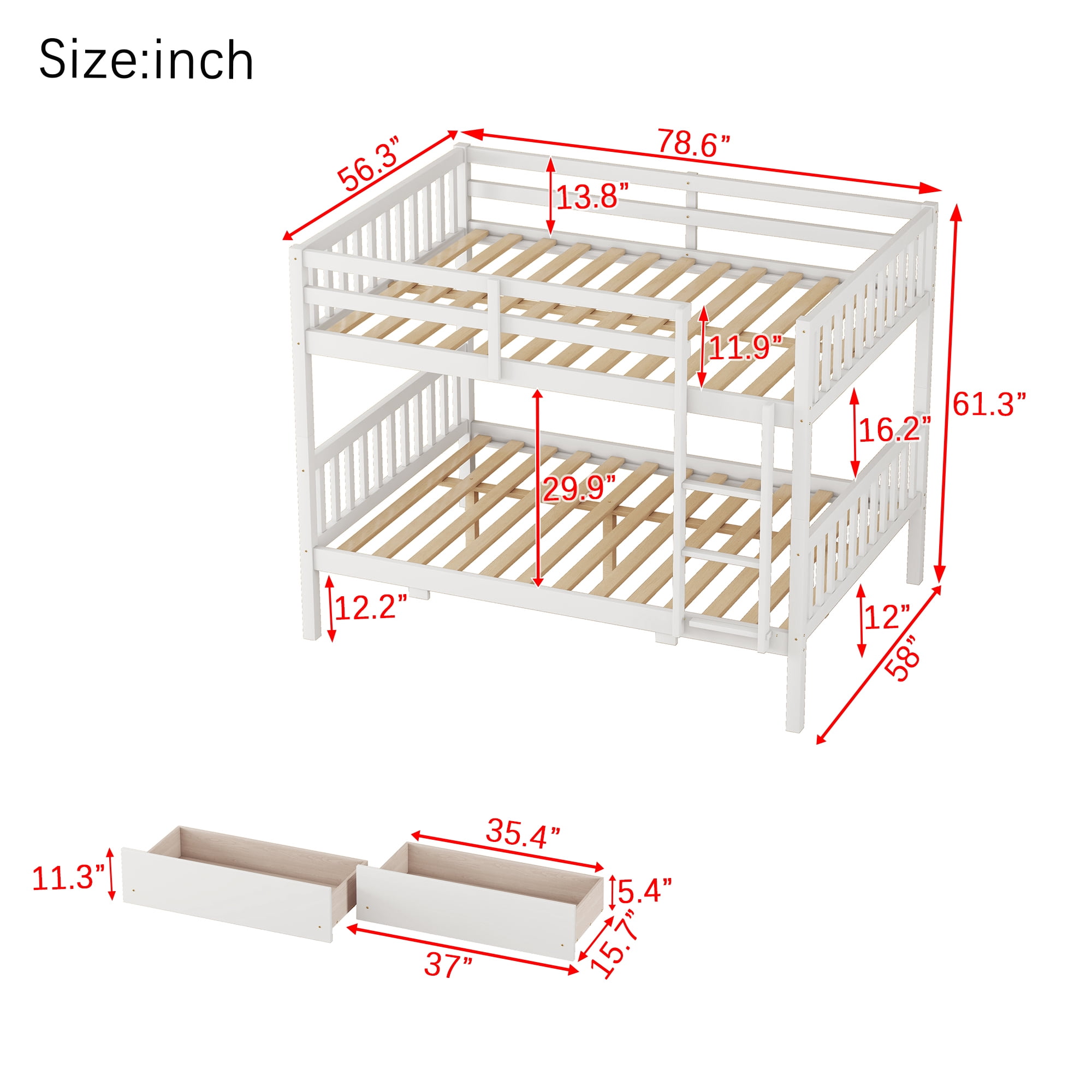 Leumius Full Over Full Rubber Wood Bunk Bed with 2 Drawers, Convertible into 2 Full Beds, Full Size Bunk Bed with Ladder and Safety Guardrails for Boys Girls White