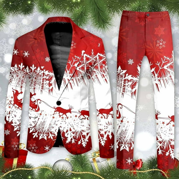 Christmas Suits for Men 2 Piece Casual Funny Xmas Reindeer Printed One Button Jacket and Pant Set Slim Fit Business Office Suits